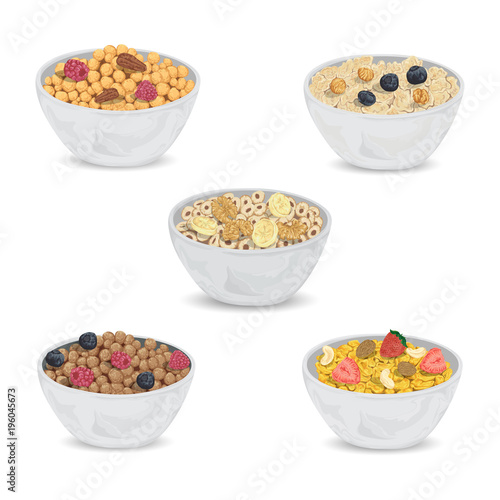 Collection of cereal porridge in bowl with fruits and nuts. Healthy breakfast. Isolated elements. Vector illustration
