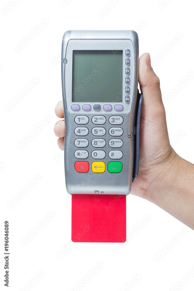 Hand holding terminal and swipe credit card for sale isolated white background Hand holding terminal and swipe credit card for sale isolated white background