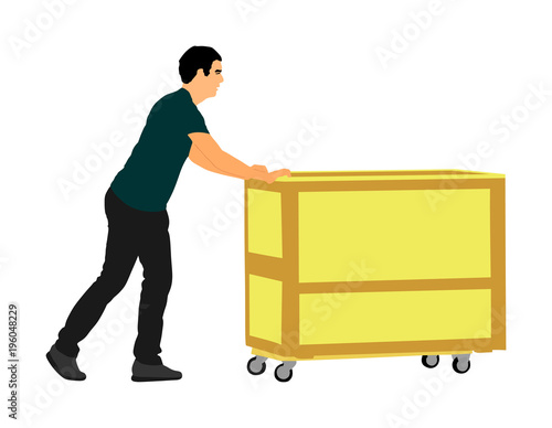 Hard worker pushing wheelbarrow and carry big box vector illustration isolated on white background. Delivery man moving package  by cart. Service moving transport. Warehouse job activity.