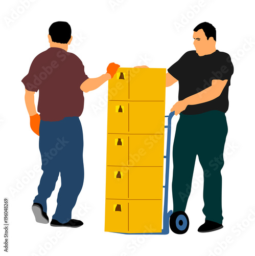 Wholesale, logistic, loading, shipment and people concept. Man carrying loader with goods at warehouse. Transportation carrying on wheelbarrow vector illustration, team working. Crates of beer, drinks