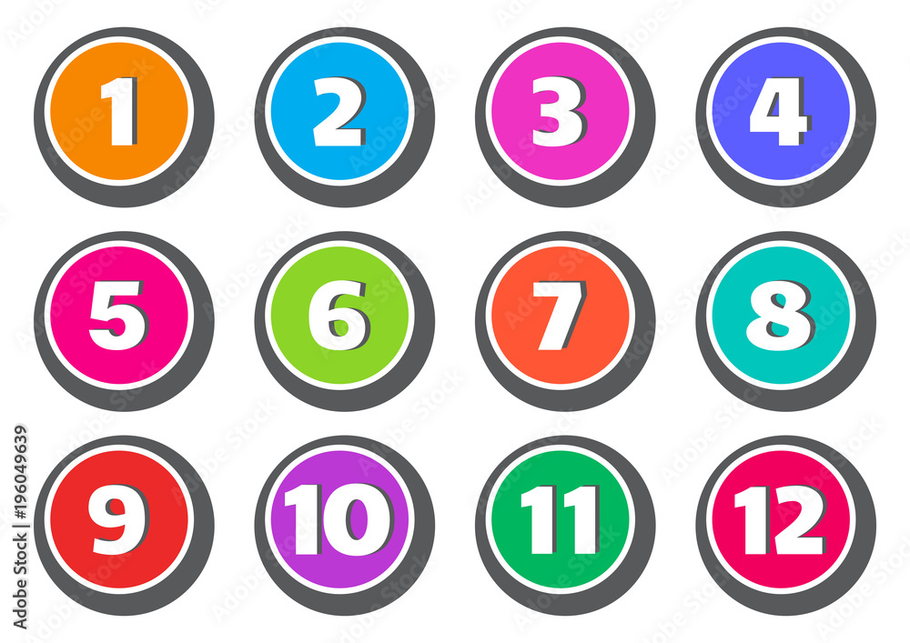 Colorful set of buttons with numbers from 1 to 12. Vector illustration Colorful set of buttons with numbers from 1 to 12. Vector illustration