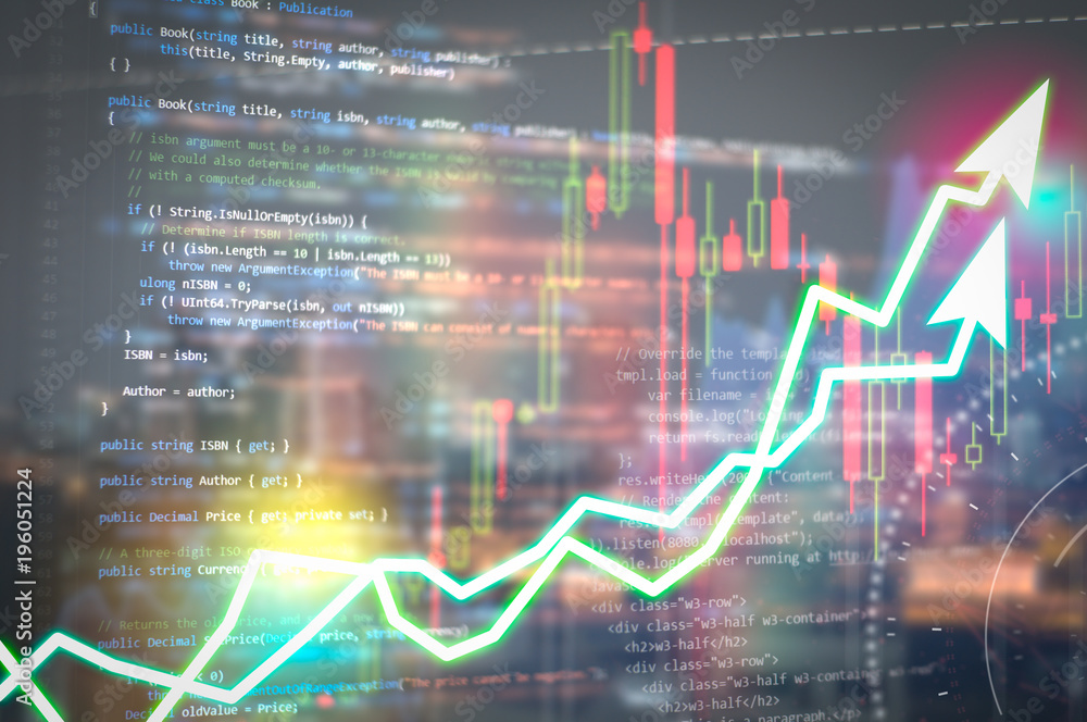 Software development. Programming code abstract technology background and Stock market digital graph chart on LED display concept. Indicator financial forex education development coding code program. Software development. Programming code abstract technology background and Stock market digital graph chart on LED display concept. Indicator financial forex education development coding code program.