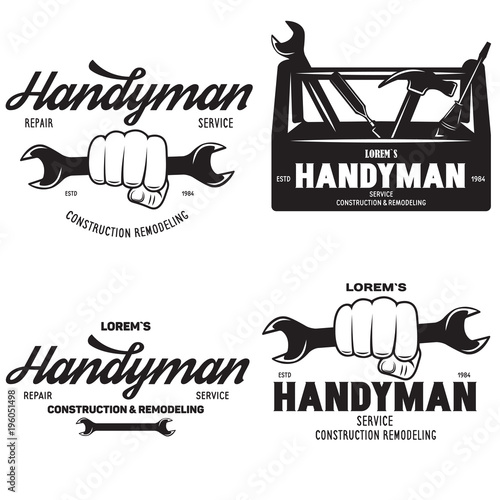 Handyman labels badges emblems and design elements. Tools silhouettes. Carpentry related vector vintage illustration.