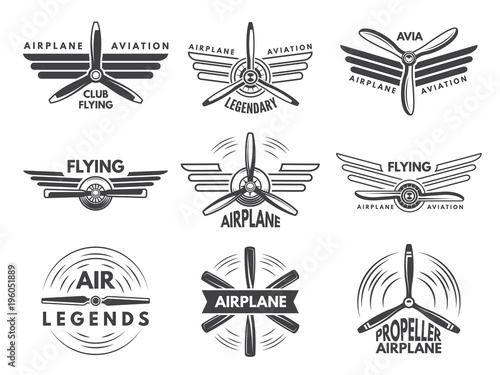 Labels an logos for military aviation. Aviator symbols in monochrome style photo