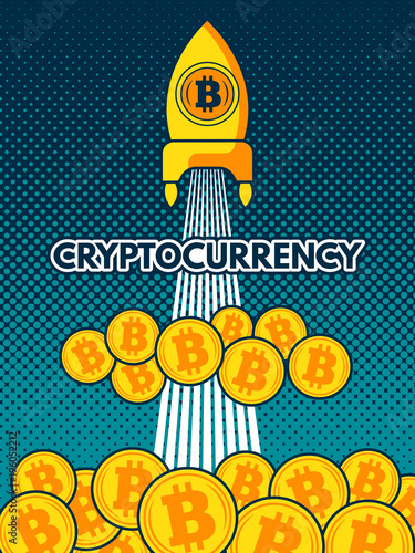 Cryptocurrency background illustration. Bitcoin to the moon
