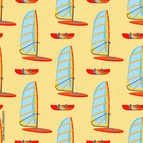 Fun water extreme sport kiteboard surfer sailing leisure sea activity summer seamless pattern background vector illustration.
