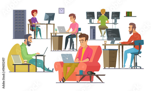 Coworkers at work. Male and female programmers and designers
