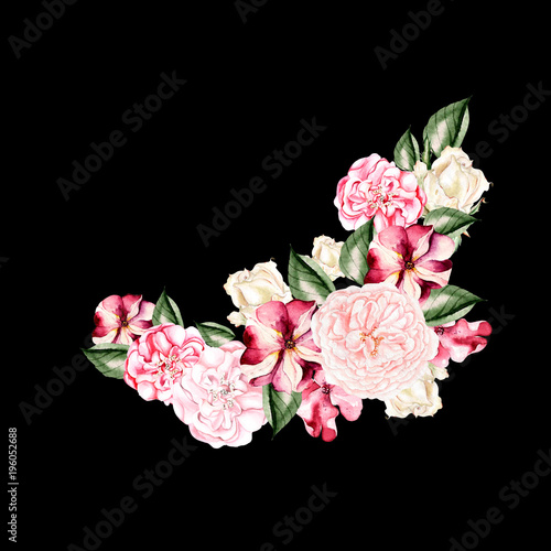 Beautiful, bright watercolor wreath with roses and petunia flowers. Illustration
