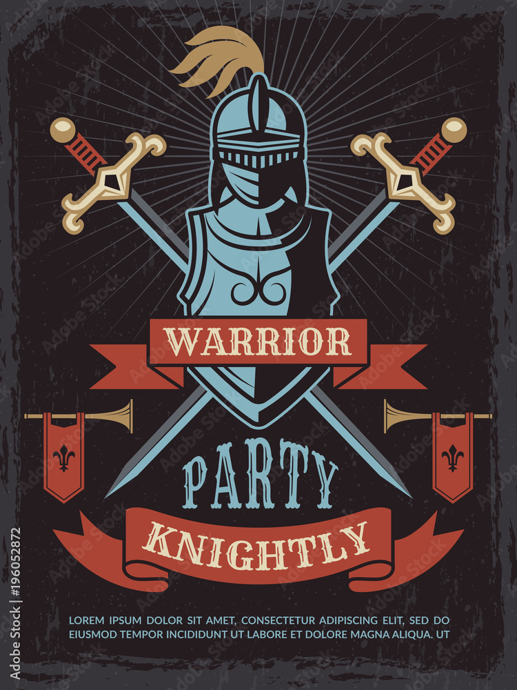 Obraz premium Poster with illustrations of medieval warrior helmet and swords