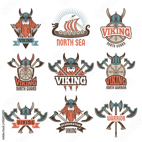 Colored labels set with medieval barbarian warriors