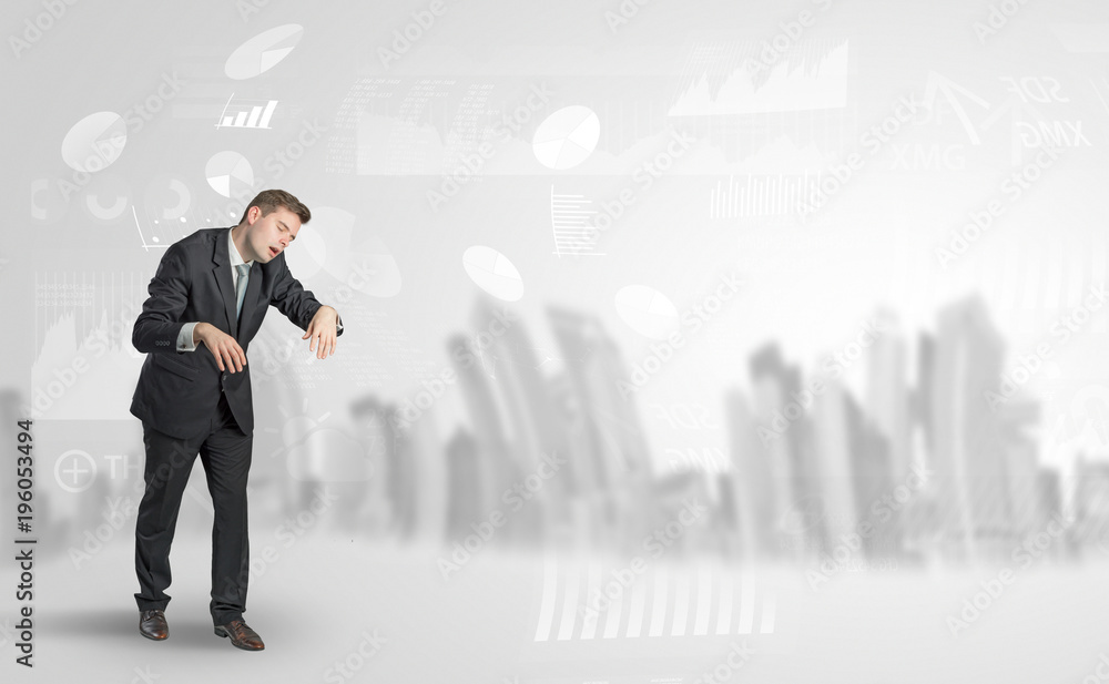 Sleepless businessman with city and report in a dream concept Sleepless businessman with city and report in a dream concept