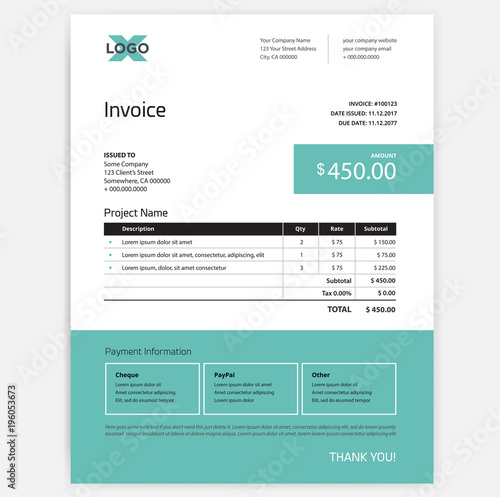Invoice form design template - teal green and white color scheme