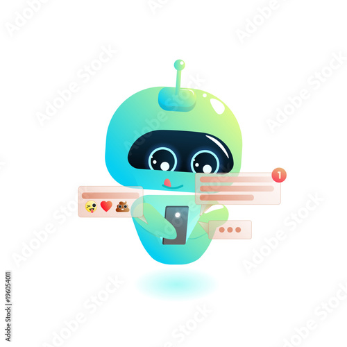 Cute bot tap phone, send message. Chatbot greets. Online consultation