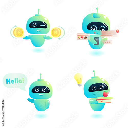 Cute bot character set. Chatbot greets. Online consultation