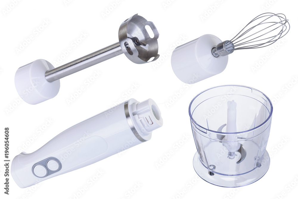 Accessory set with white hand blender on the white background Accessory set with white hand blender on the white background