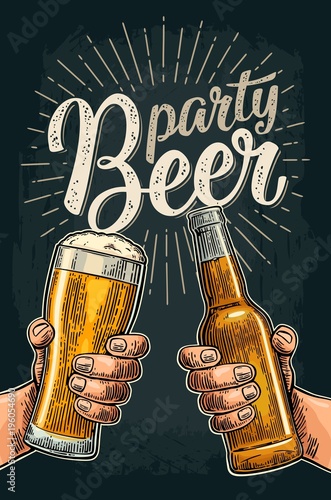 Two hands holding and clinking with beer glasses and bottle
