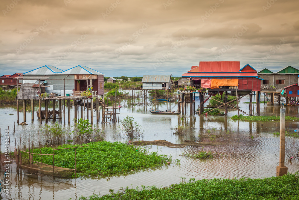 Homes on stilts on the floating village of Kampong Phluk, Tonle Sap lake,Siem Reap province, Cambodia