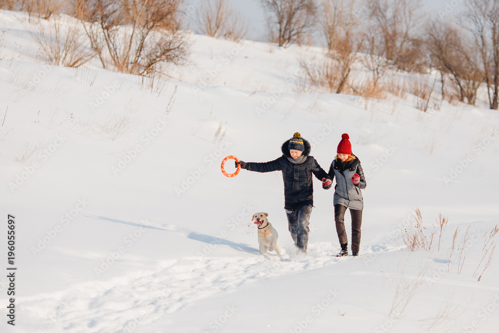 Couple is walking with labrador dog in snow in winter, playing with ring toy. Snow is flying around, people and dog are laughing and enjoying snow
