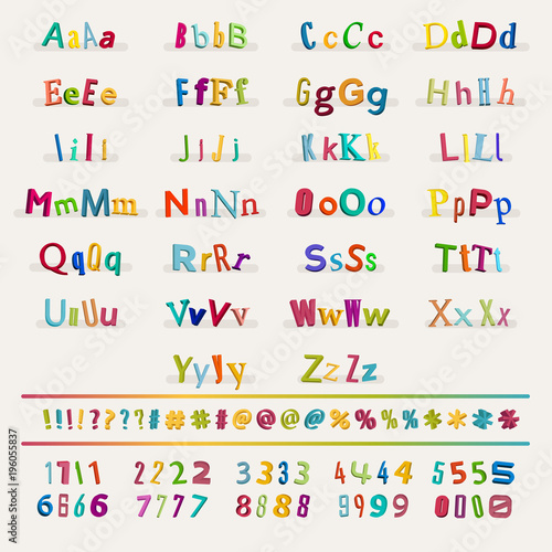 Different types of English alphabet letters, numbers and signs: 3d vector alphabet