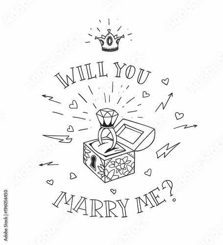 Dead man chest whit a wedding rind with diamond and shiny crown. Will you marry me design in traditional tattoo style. Vector illustration.