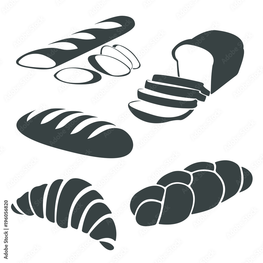 Bread icons set. Bakery products on white background. Black on white. Vector illustration. Bread icons set. Bakery products on white background. Black on white. Vector illustration.