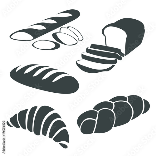 Bread icons set. Bakery products on white background. Black on white. Vector illustration.