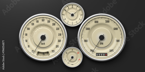 Vintage car gauges isolated on black background. 3d illustration