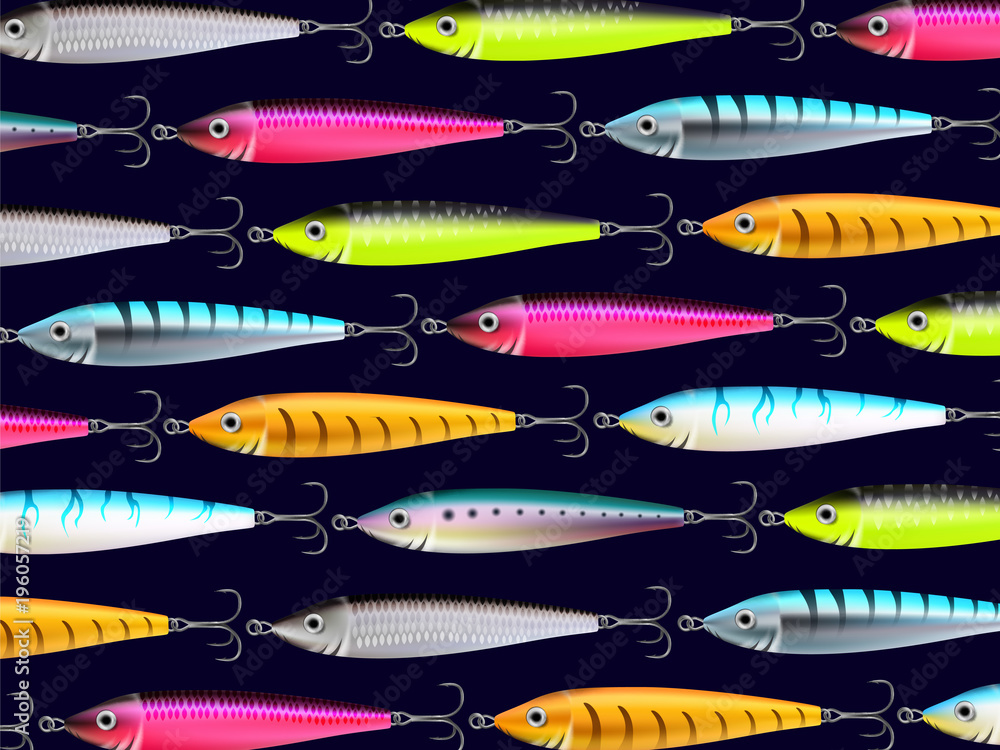 Fishing lures background. Hooks for catching salmon, tuna, pike, perch,  marlin, bass, trout or tarpon. Underwater wobblers vector wallpaper for web  or printed products. Ocean. Sea. River. Lake. Fish. Stock Vector