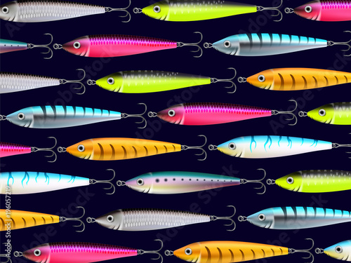 Fishing lures background. Hooks for catching salmon, tuna, pike, perch, marlin, bass, trout or tarpon. Underwater wobblers vector wallpaper for web or printed products. Ocean. Sea. River. Lake. Fish.