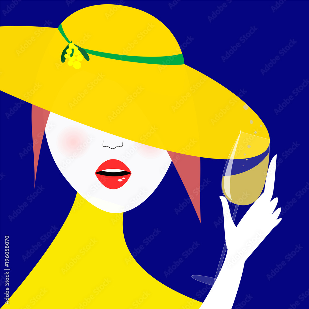 Donna con cappello giallo e mimosa Stock Vector | Adobe Stock