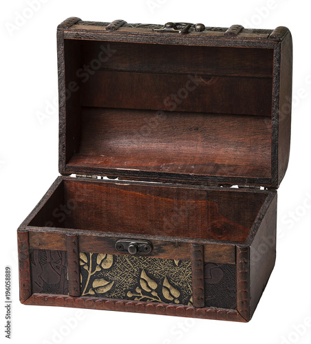 wooden chest with patterns and ornaments on white background
