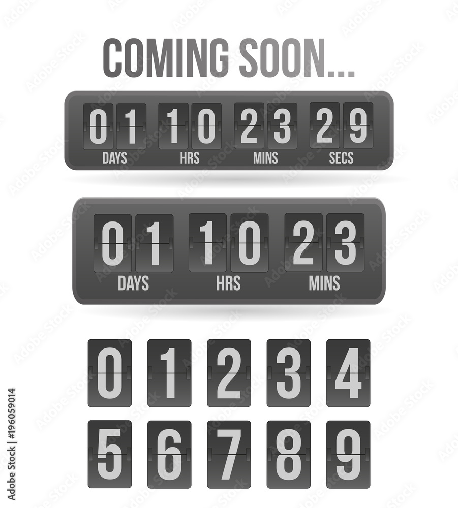 Countdown timer. Coming soon Clock counter. Gray mechanical scoreboard panel illustration on white background for design. Vector Illustration Countdown timer. Coming soon Clock counter. Gray mechanical scoreboard panel illustration on white background for design. Vector Illustration