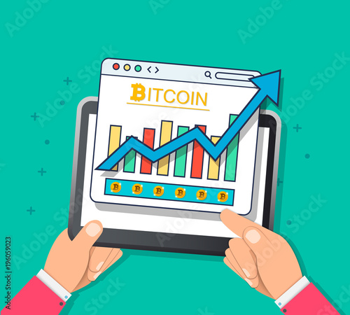 Digital bitcoin cryptocurrency. Virtual money. Cryptocurrency concept. Golden coin with bitcoin sign. Growing chart with golden bitcoin. Vector background. EPS10