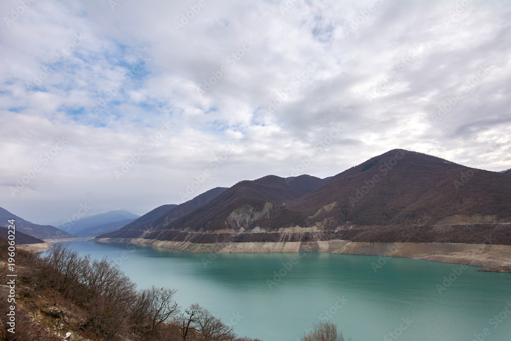 Landscape of Zhinvali reservoir lake landscape with mountains . 