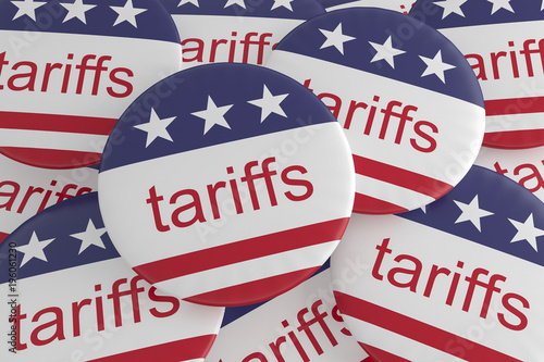 USA Politics News Badges: Pile of Tariffs Buttons With US Flag, 3d illustration