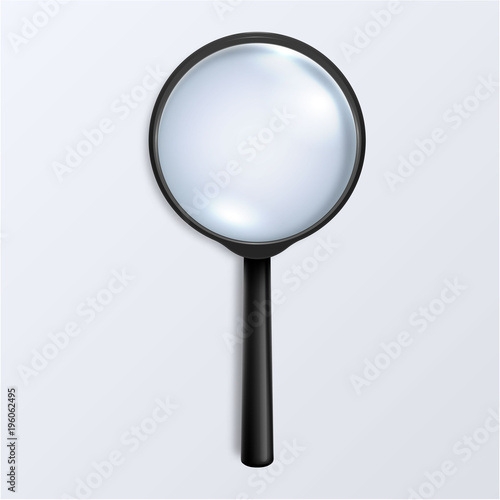 Photo-realistic vector 3d black magnifying glass or Loup icon closeup isolated on white background. Top view. Design template for graphics