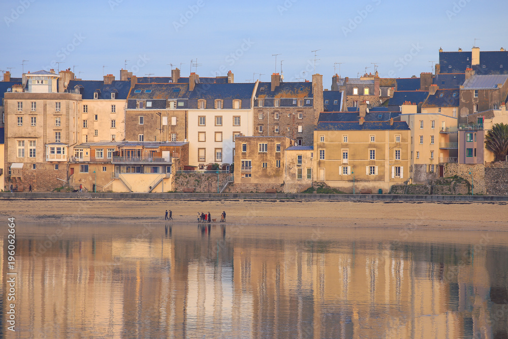 View of Typical houses at The beach of Saint-Malo, Brittany, France