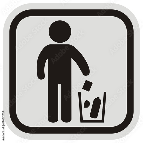 place for waste, black figure and trash can, vector icon, gray and black frame
