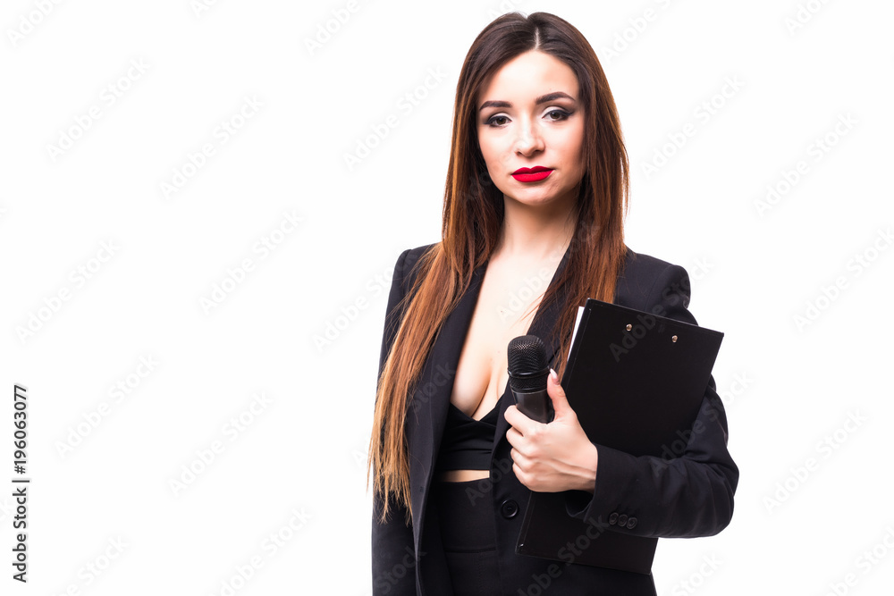 Young female with a microphone isolated on white background Young female with a microphone isolated on white background