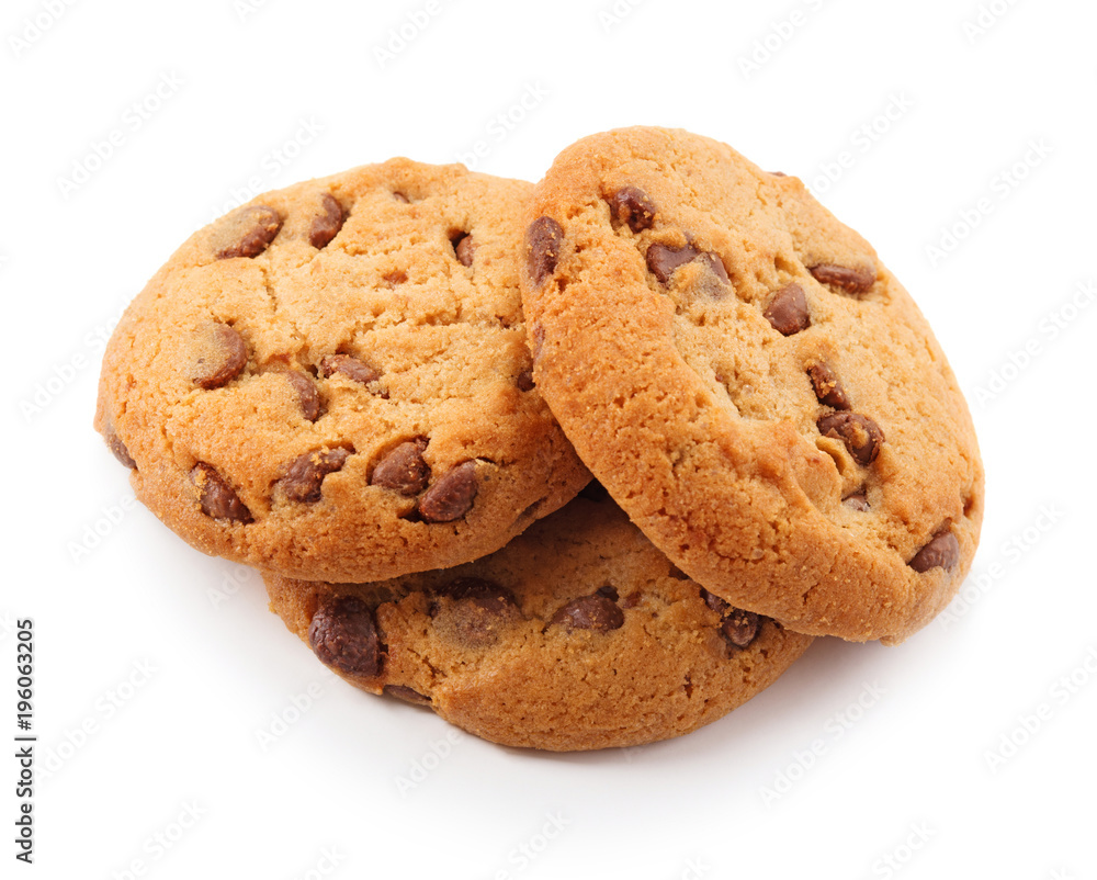 three chocolcate cookies isolated on white background
