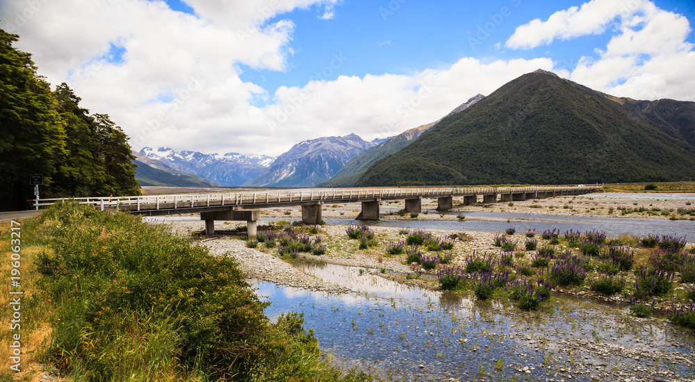 Beautiful Panoramic scenic view of Arthur's pass bridge with Arthur's Pass National Park Panoramic scenery in summertime, South Island, New Zealand