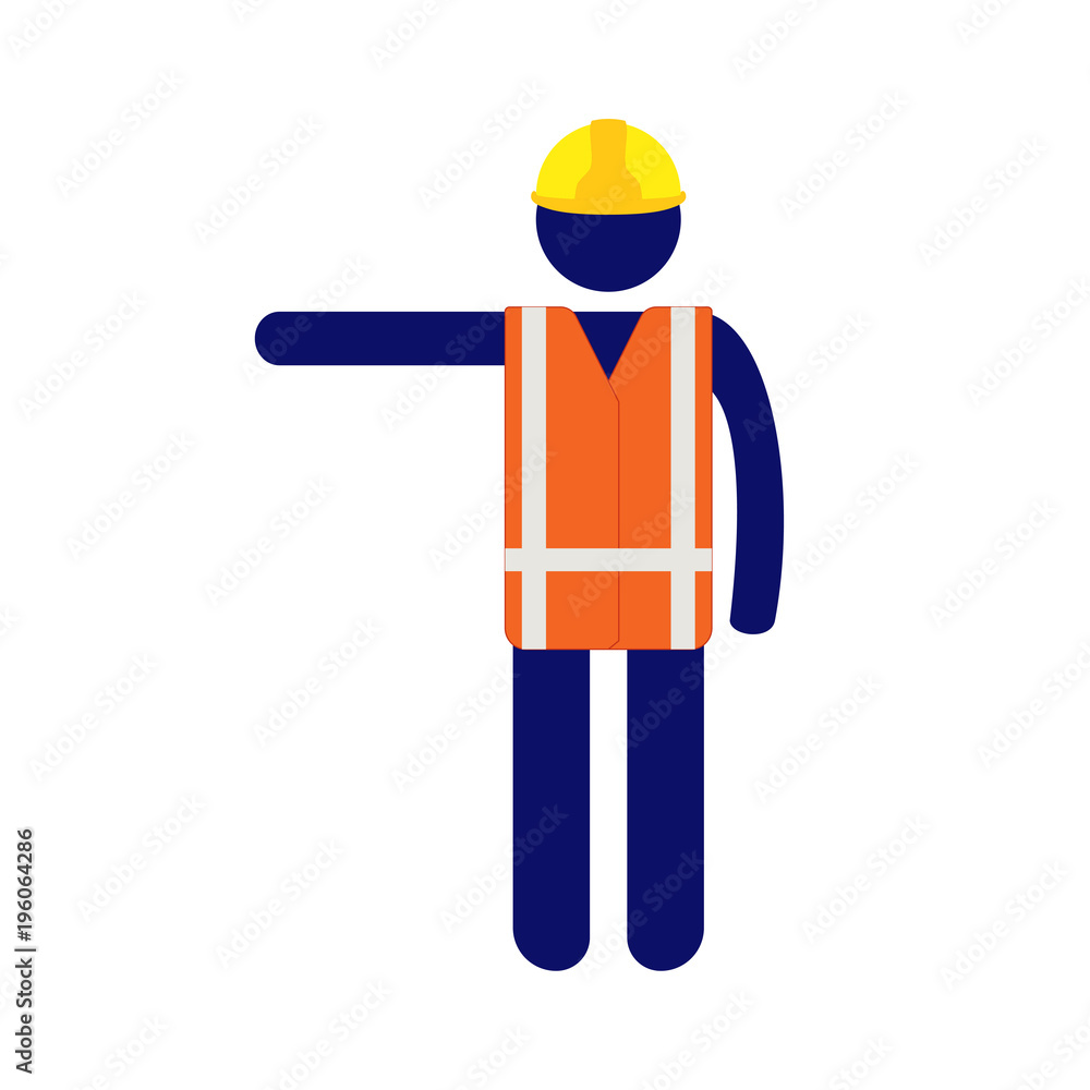 Isolated vector icon pictogram man with yellow helmet and orange high visibility vest raising right hand to his side Isolated vector icon pictogram man with yellow helmet and orange high visibility vest raising right hand to his side