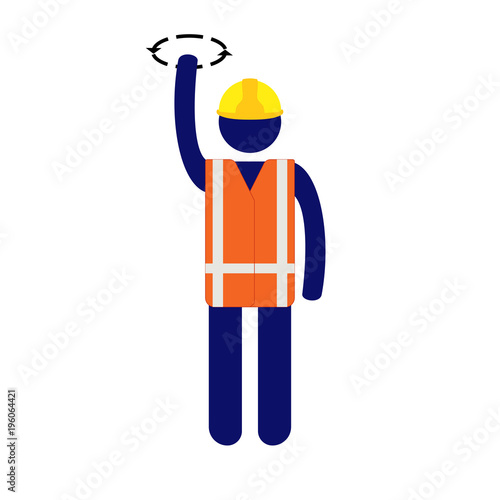 Isolated vector icon pictogram man with yellow helmet and orange hight visibity vest giving Hoist signal to crane operator by raising his hand and doing circular movement