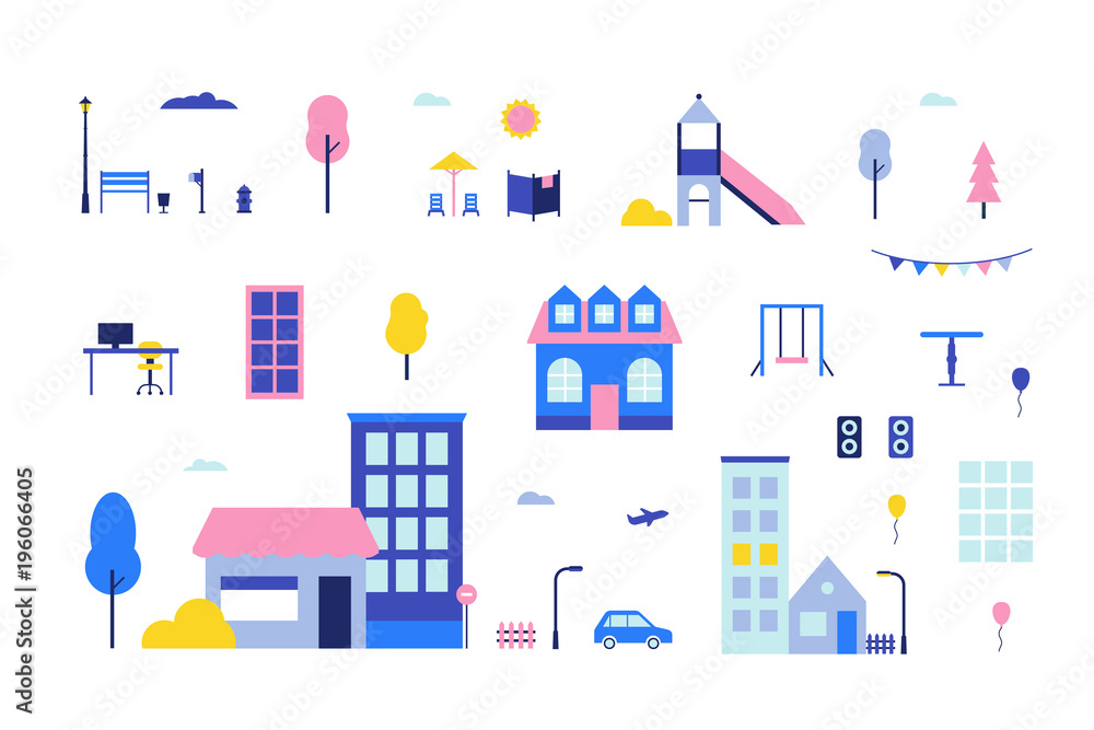 City elements - flat design style set of isolated objects City elements - flat design style set of isolated objects