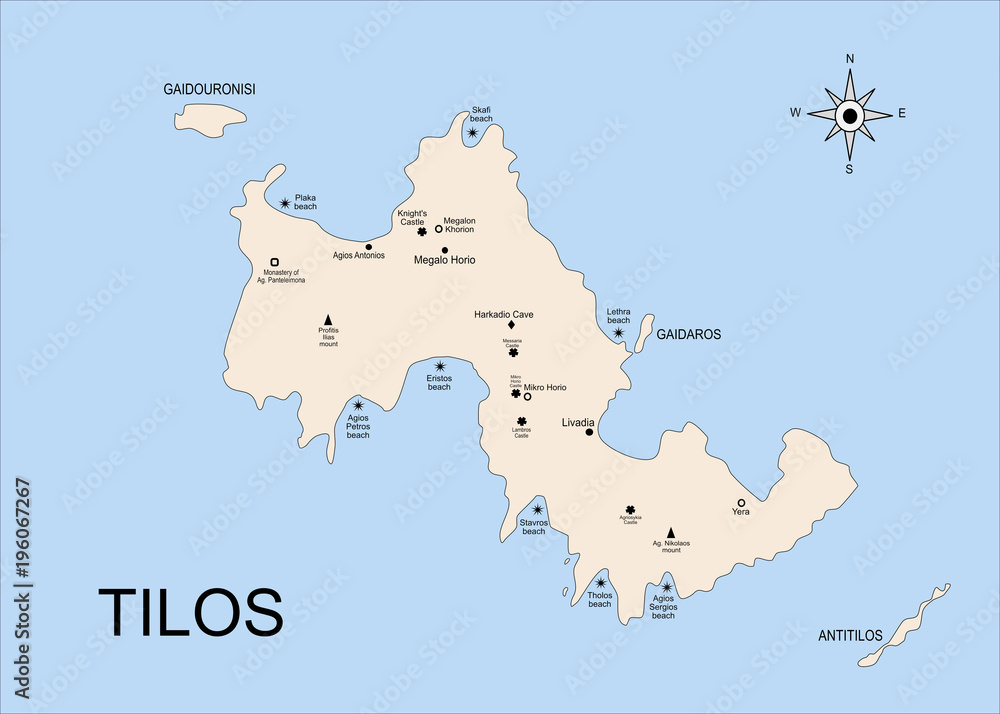 The geography map of Tilos island, in the archipelago of the Dodecanese islands. There is indicated the position of towns, beaches and castles.