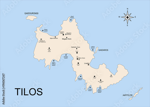 The geography map of Tilos island, in the archipelago of the Dodecanese islands. There is indicated the position of towns, beaches and castles.