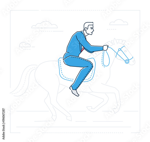 Businessman on horseback - line design style isolated illustration