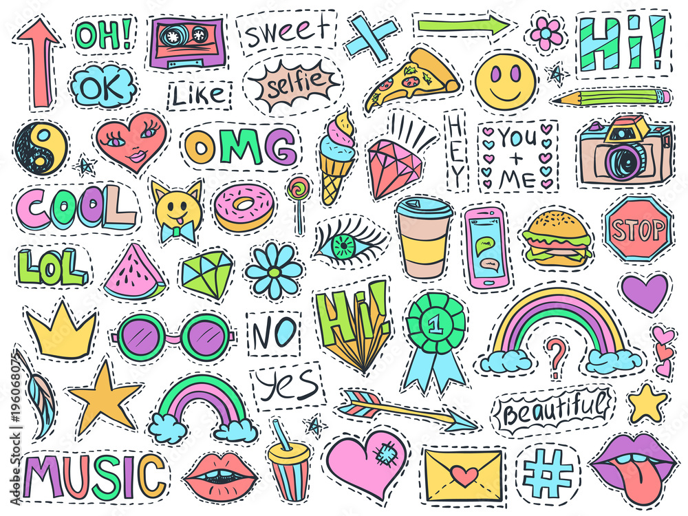 Patch badges set college doodles social media colorful Patch badges set college doodles social media colorful
