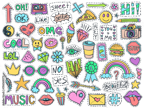 Patch badges set college doodles social media colorful
