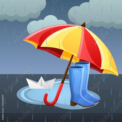Rainy Happy Monsoon illustration with umbrellas and waterprof boots and paper boat.Vector design